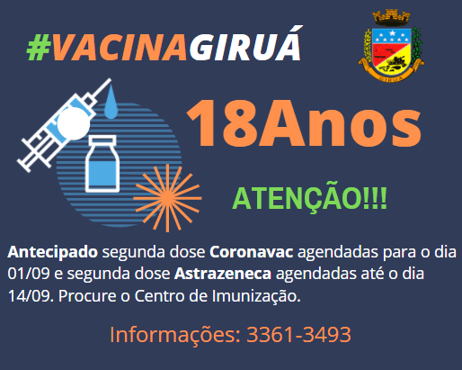 Giruá amplia vacinação para pessoas com 18 anos e antecipa dose 2